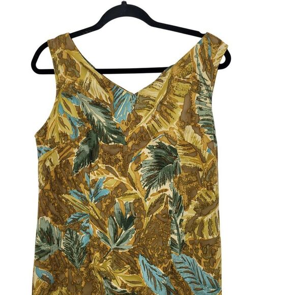 Vtg Mini Shift Dress Sz 10 Leaf Print Sleeveless V-Neck Brown Topical Resort - Picture 5 of 11